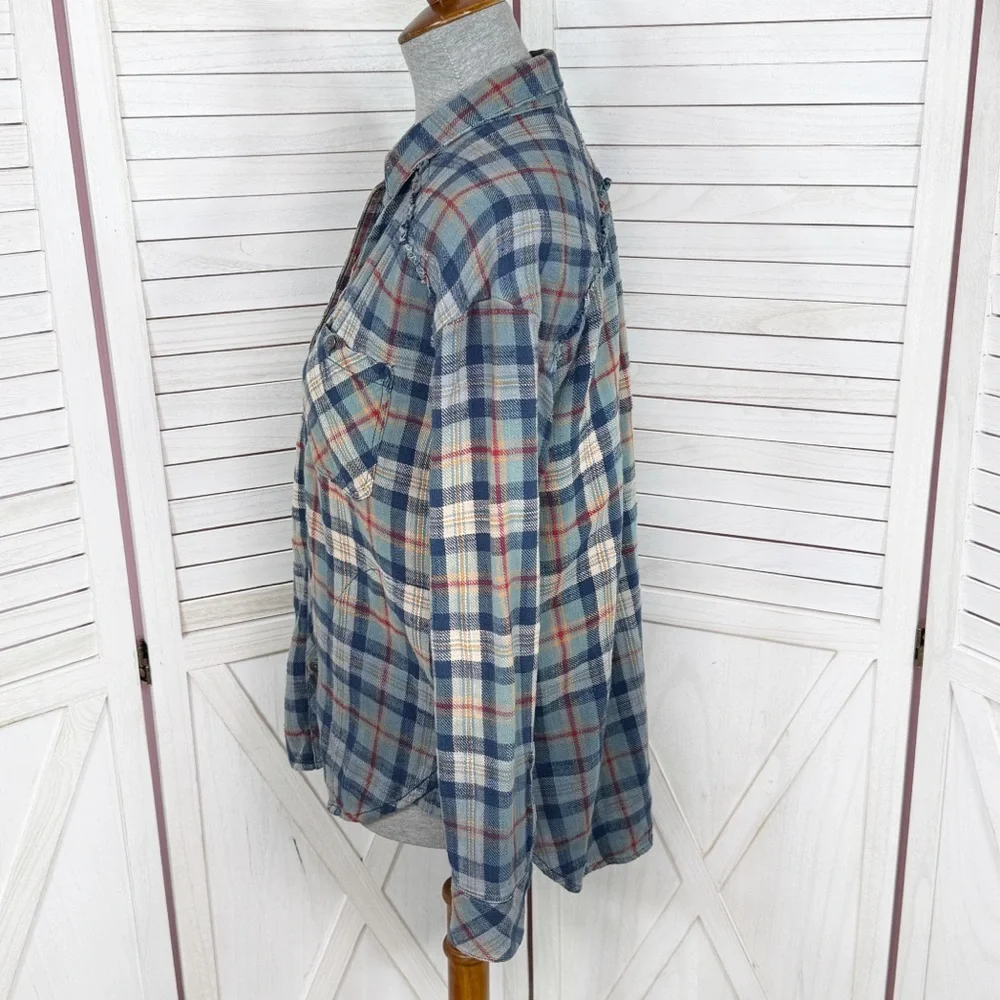 Vintage Free People Plaid Raw Hem Flannel Shirt‎ Ombre Blue Multi XS XSmall